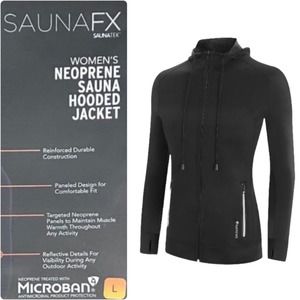 SaunaFX Neoprene Sauna Jacket Womens Large Black Hooded Reflective NIB